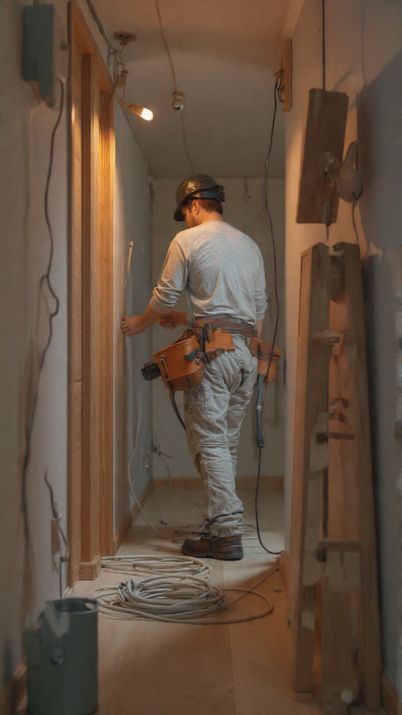 Elektriker som trekker kabler til lysbryter, dimmer og taklampe i gang