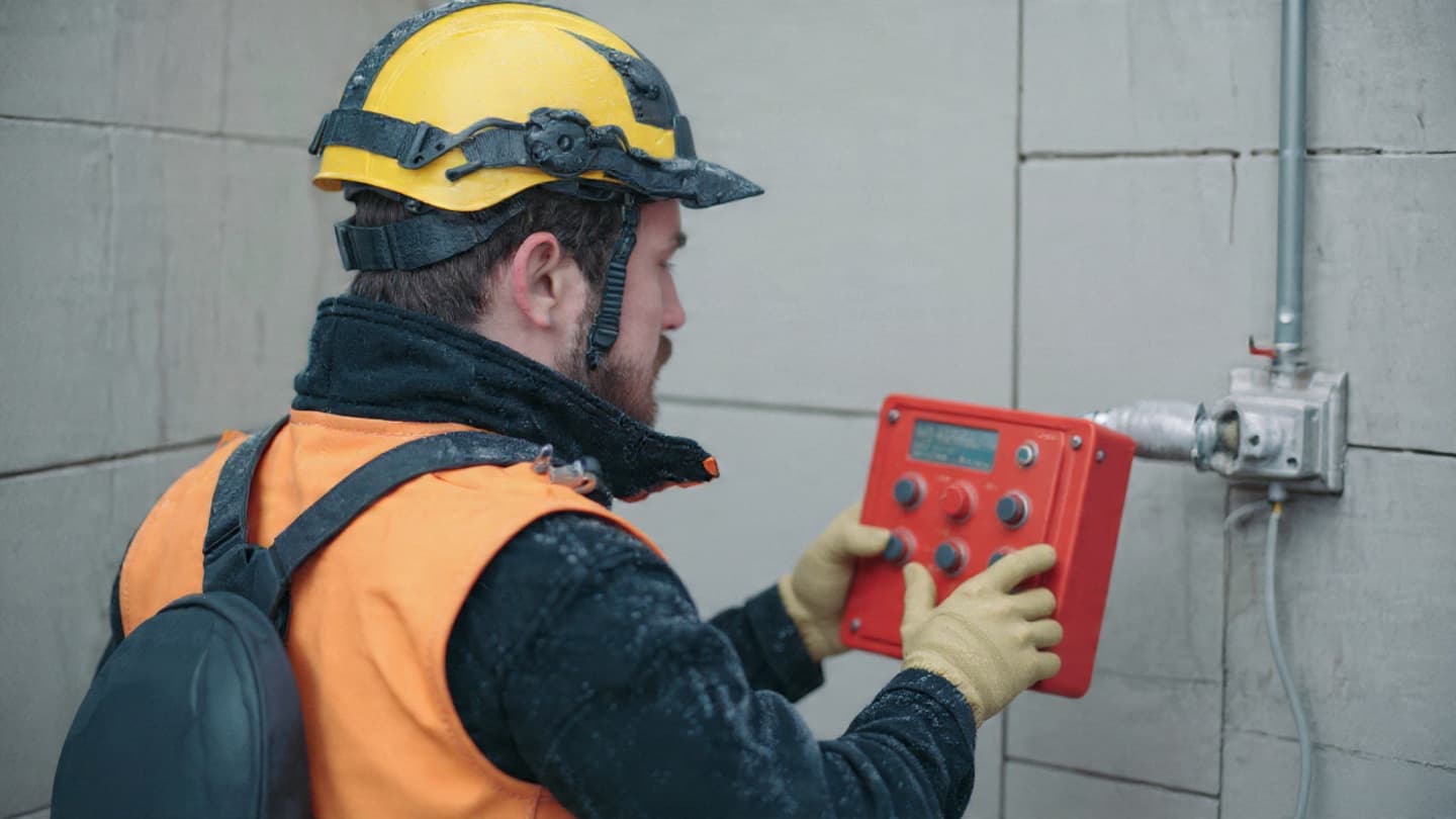 Elektriker med gul hjelm og verneutstyr gjennomfører el-kontroll ved å betjene et rødt måleinstrument koblet til et elektrisk anlegg på en betongvegg.