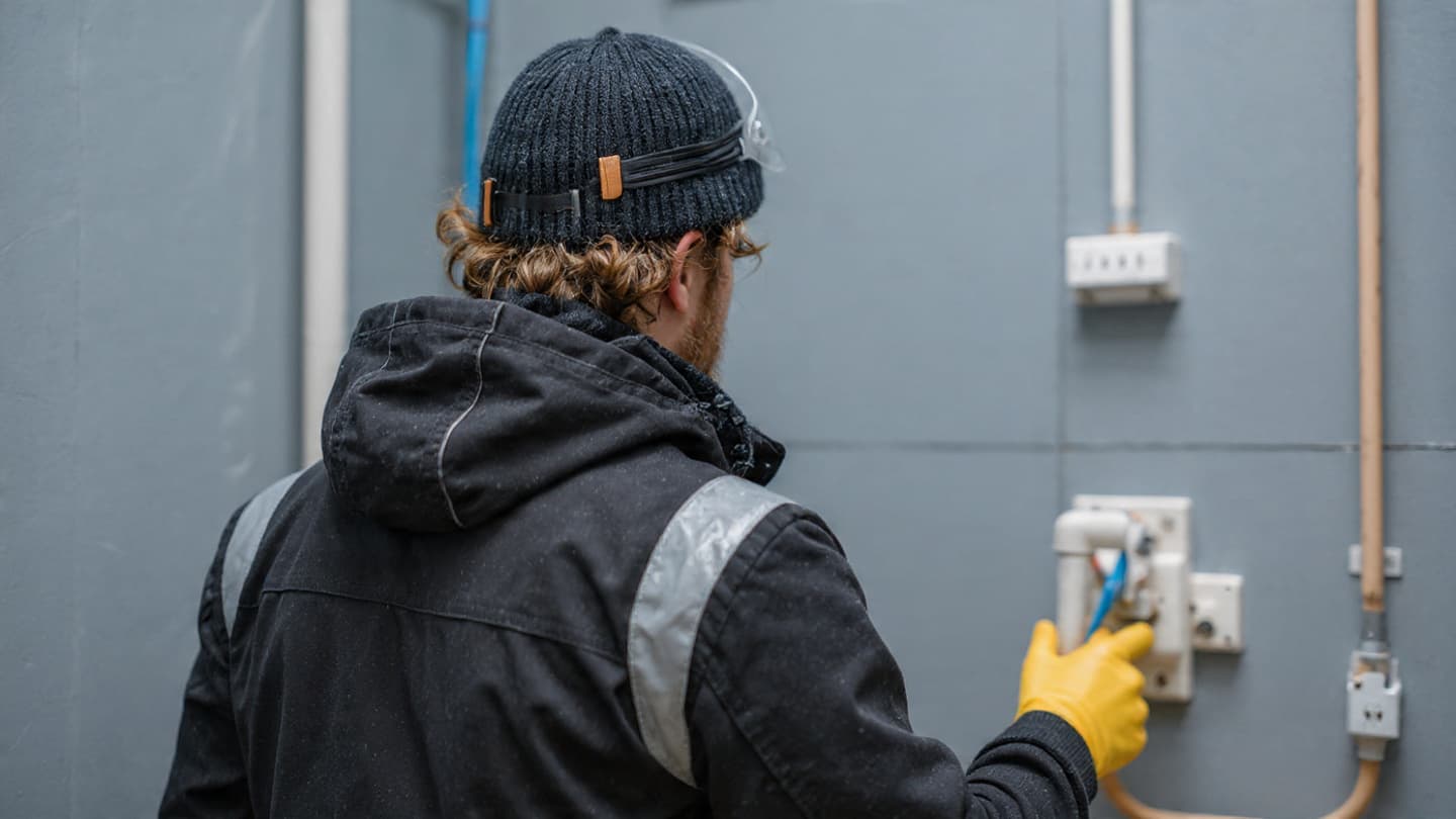 Elektriker sett bakfra kobler en blå kabel til en industrikontakt på en grå vegg, iført refleksjakke, lue og gule vernehansker.
